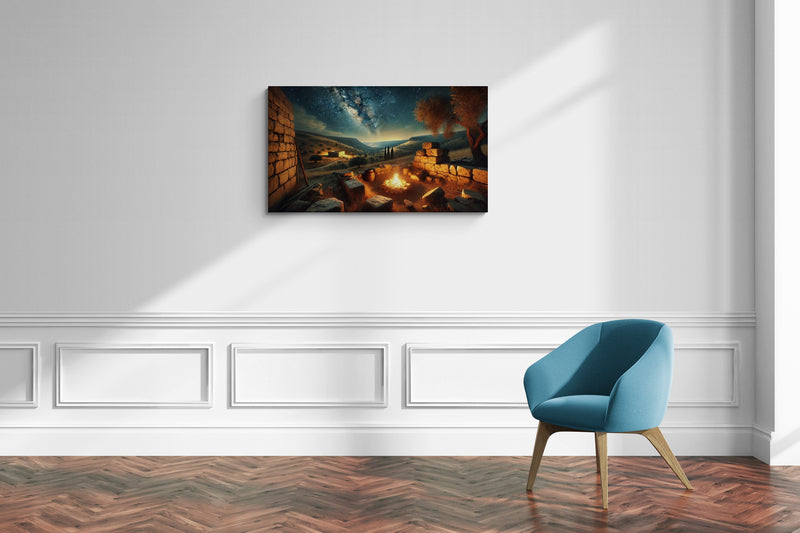Oud plattelandskampvuur onder de sterrenhemel - Canvas wandkunst