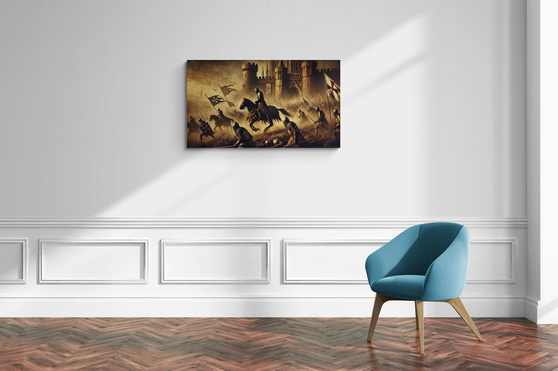 Middeleeuwse ridders vallen een fort aan in sepia. Slagscène – Canvas wanddecoratie