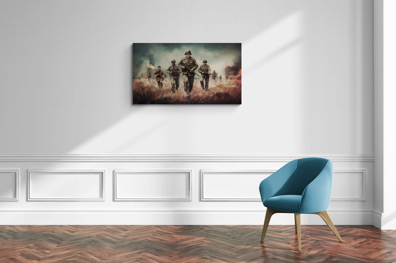 Infanterieaanval in open veld tijdens WO II – Canvas wanddecoratie