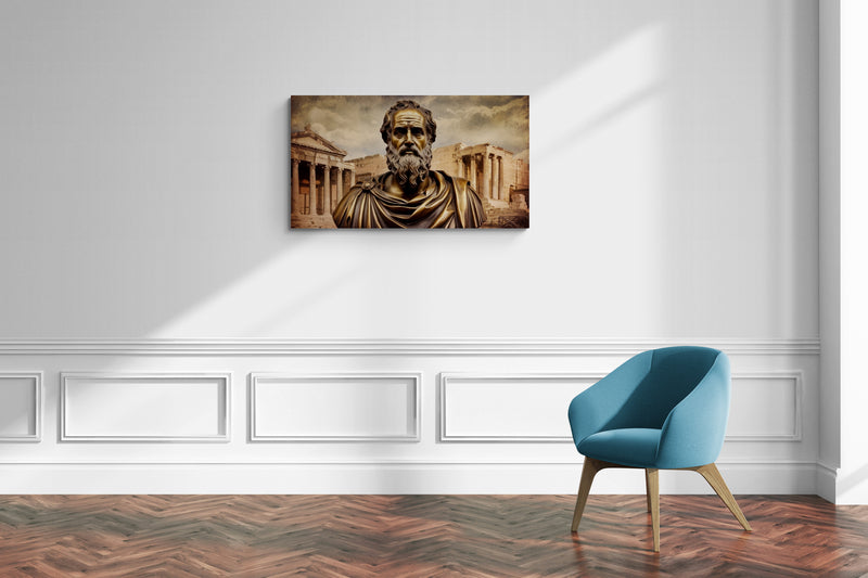 Standbeeld van een Griekse filosoof met antieke architectuur op canvas als wanddecoratie