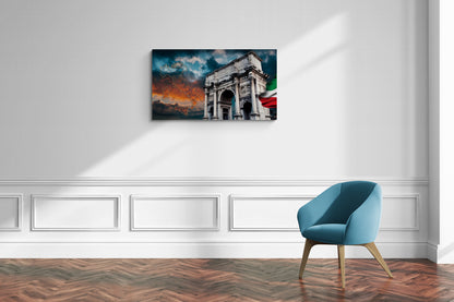 Antiek kompas op kaart met stadsgezicht - Canvas wandkunst