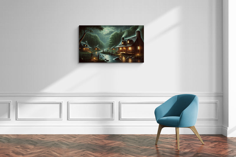 Regenwoudhutten met kreek bij nacht - Canvas wandkunst