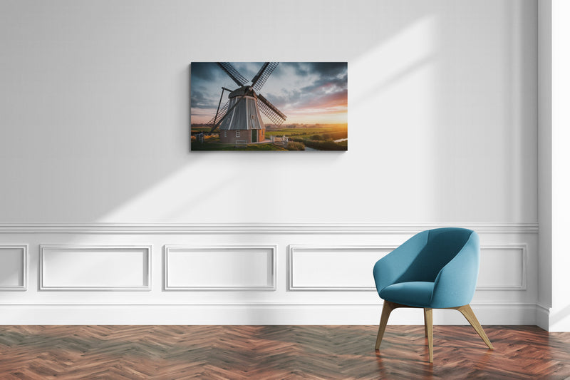 Traditionele windmolen in zonsondergang landschap canvas wandkunst