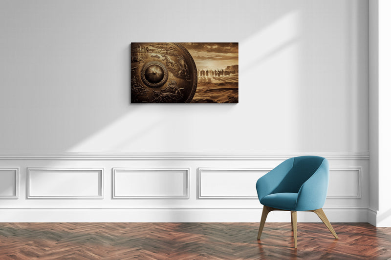 Decoratief schild met antieke strijdscène in sepiatinten canvas wanddecoratie