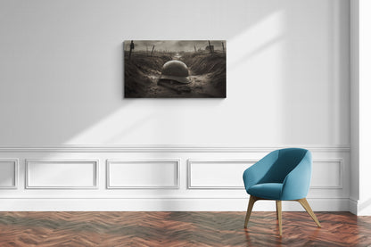 Scène met loopgraafhelm in sepiatinten op canvas