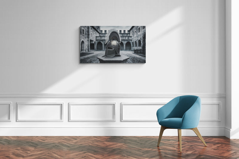 Zilveren helm tentoongesteld in historische binnenplaats - Canvas wandkunst