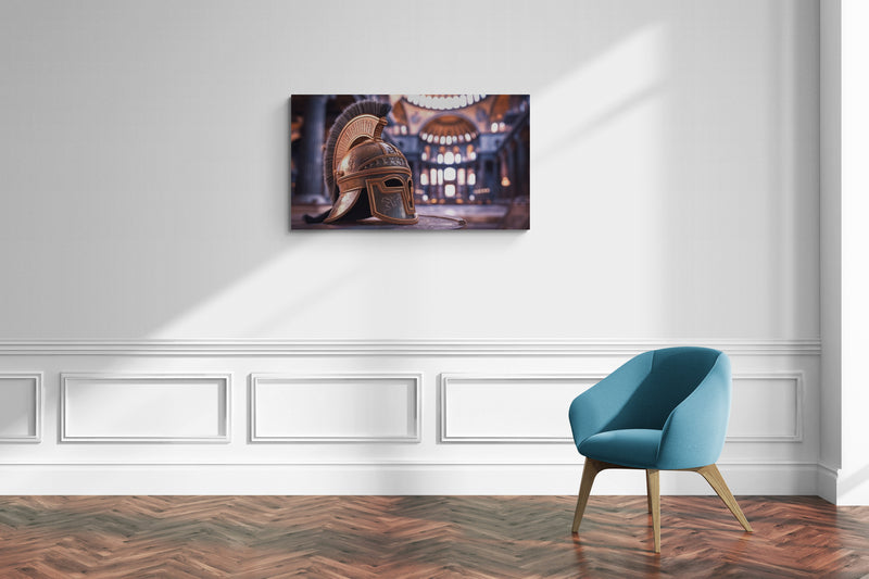 Gouden helm tentoongesteld in een zonnige binnenomgeving - Canvas wandkunst