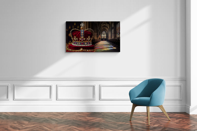 Koninklijke kroon in historische kathedraal met glas-in-loodlicht - Canvas wandkunst