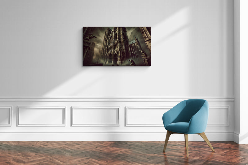 Gotische kathedraal met waterspuwers in stormachtige lucht - Canvas wandkunst