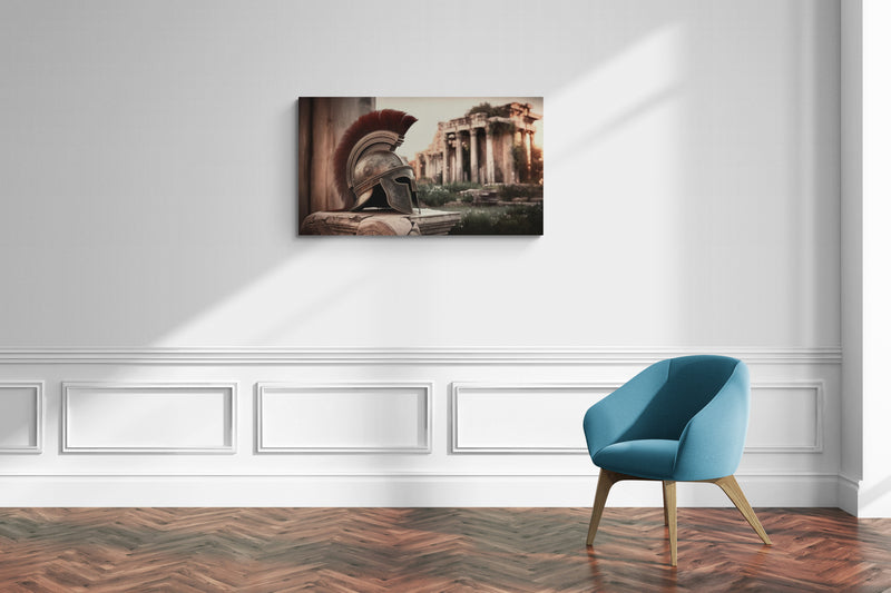 Romeinse helm met oude ruïnes in zacht zonsonderganglicht - Canvas wanddecoratie