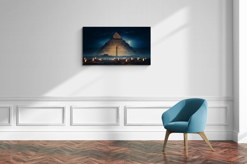 Piramide bij nacht met fakkelopdruk op canvas als wanddecoratie