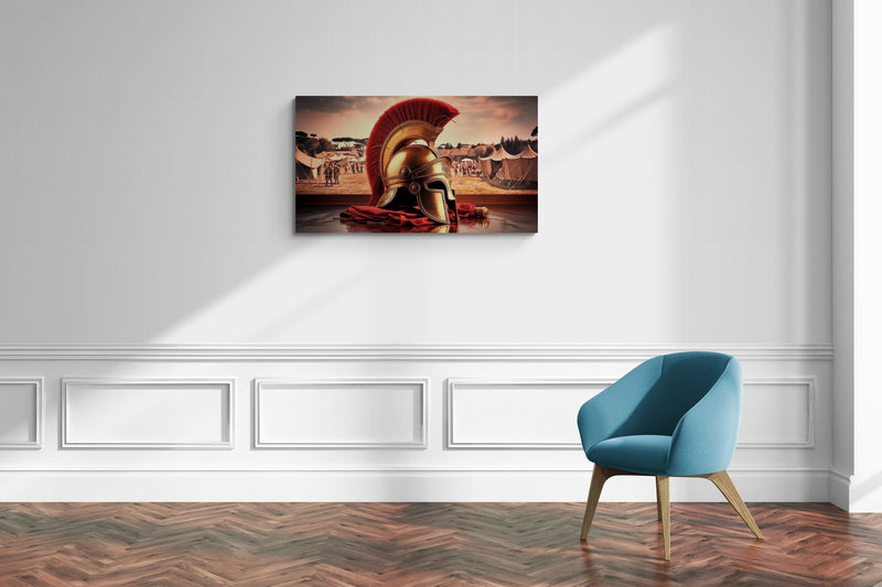 Romeinse helm tentoongesteld met kampachtergrond - Canvas wandkunst