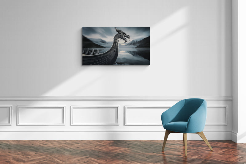 Drakenkop Vikingschip op kalme fjord – Canvas wandkunst