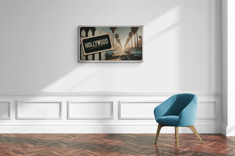 Vintage Hollywood Street View met palmbomen - Canvas wandkunst