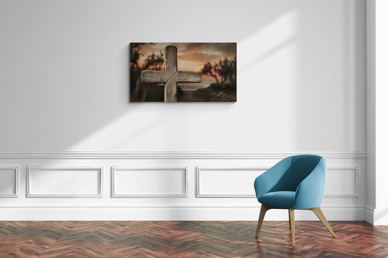 Houten kruis bij zonsondergang - Canvaskunst met vredig landschap