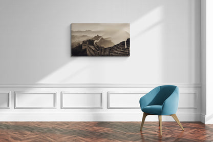 Landschap van de Chinese Muur met glooiende heuvels in sepiatint – Canvas wanddecoratie