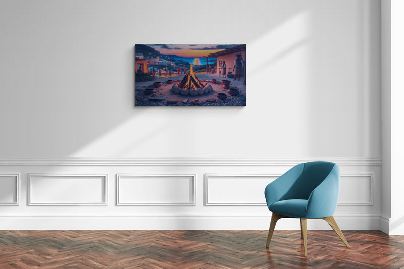 Kampvuur aan zee bij zonsondergang met mensen die samenkomen - Canvas Wall Art