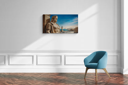 Marmeren standbeeld met uitzicht op kuststad met blauwe lucht - Canvas wandkunst