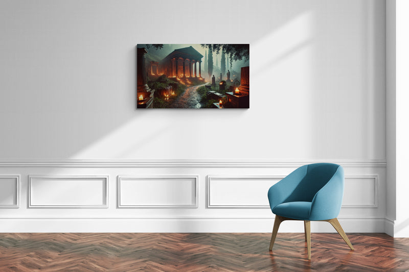 Oud tempelpad met kaarslicht en cipressenbomen - Canvas wandkunst