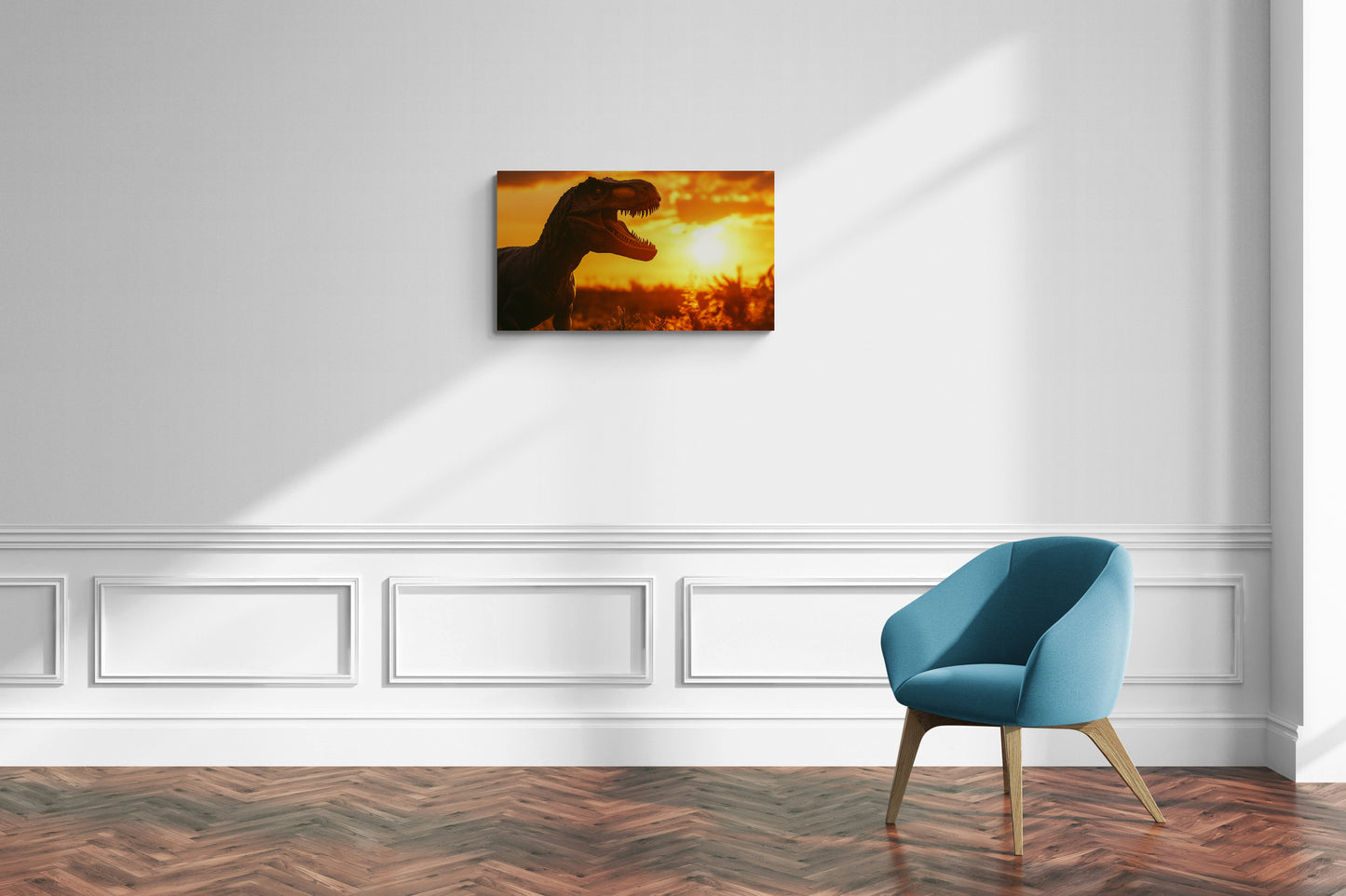 T-Rex-silhouet in zonsonderganglandschap - Canvas wandkunst