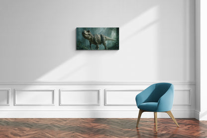 T-Rex loopt door dichte groene jungle in realistische daglichtscène - Canvas wanddecoratie