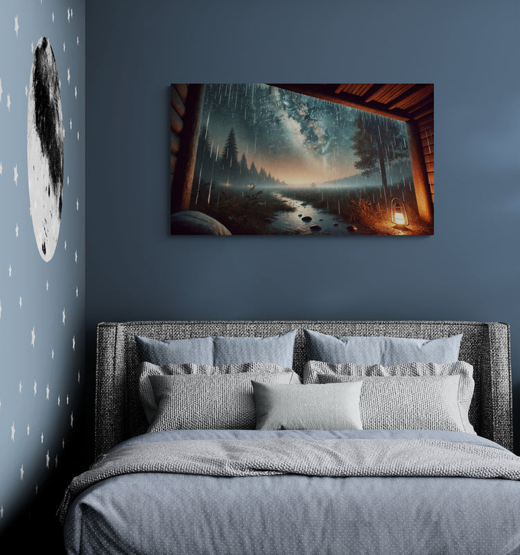 Landschap van een regenbos gezien vanaf de veranda van een hut - Canvas wandkunst