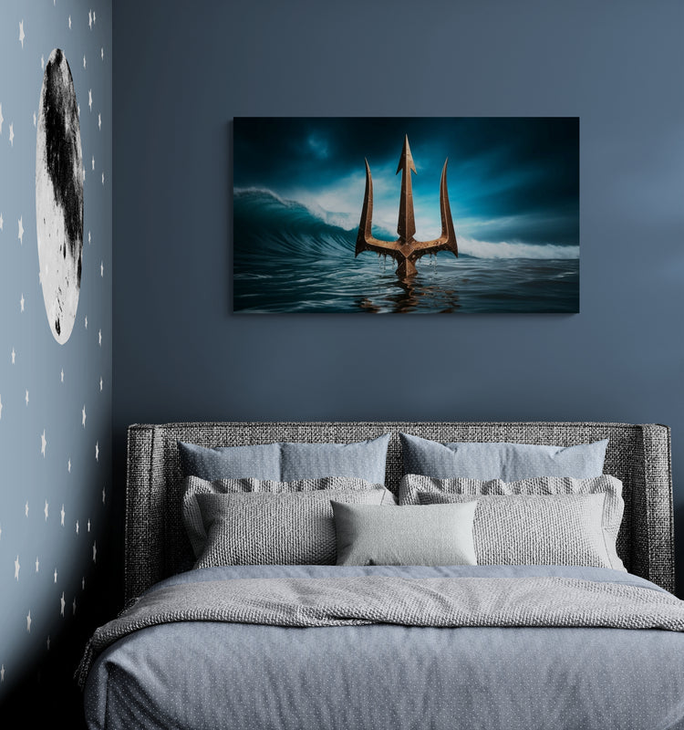 Oceaan drietand die uit het water opduikt met stormachtige lucht - Canvas wandkunst