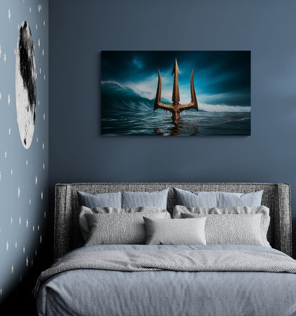 Oceaan drietand die uit het water opduikt met stormachtige lucht - Canvas wandkunst