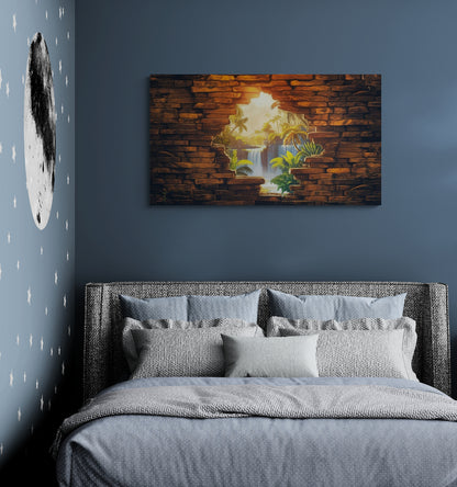 Tropisch junglezicht door stenen muuropening - Canvas wandkunst