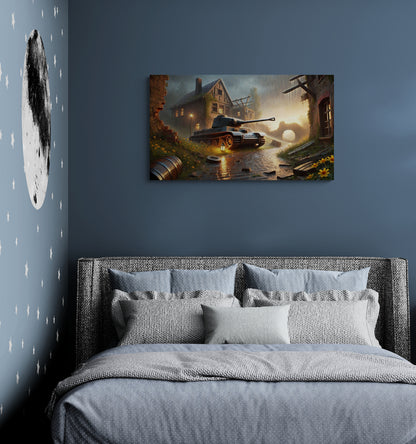 Historische militaire tank in regenachtig dorpslandschap bij zonsondergang - Canvas wandkunst