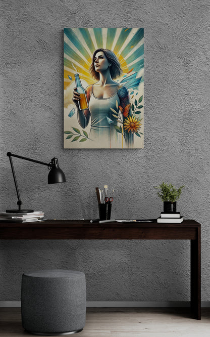 Modern Woman with Sunburst and Nature Elements Canvas – Artistic Wall Art