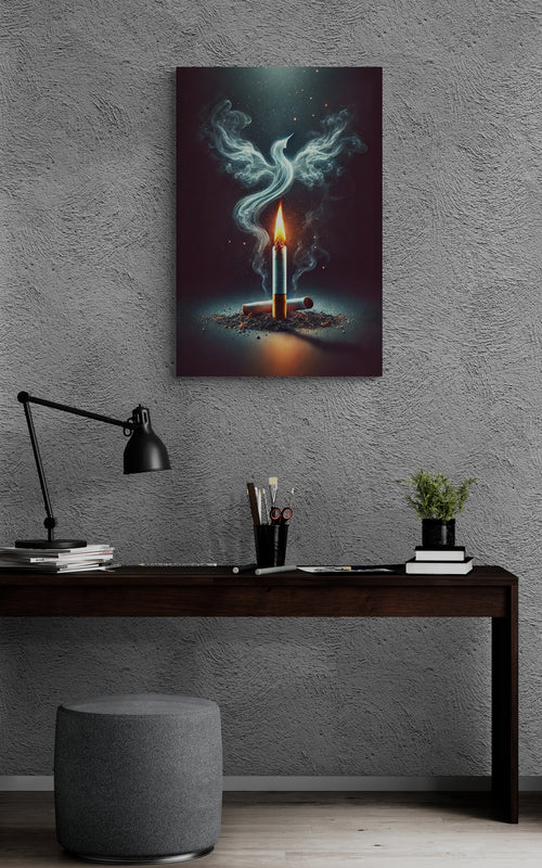 Canvas schilderij van de kaarsvlam met rookvogel aan de muur boven het bed in de slaapkamer