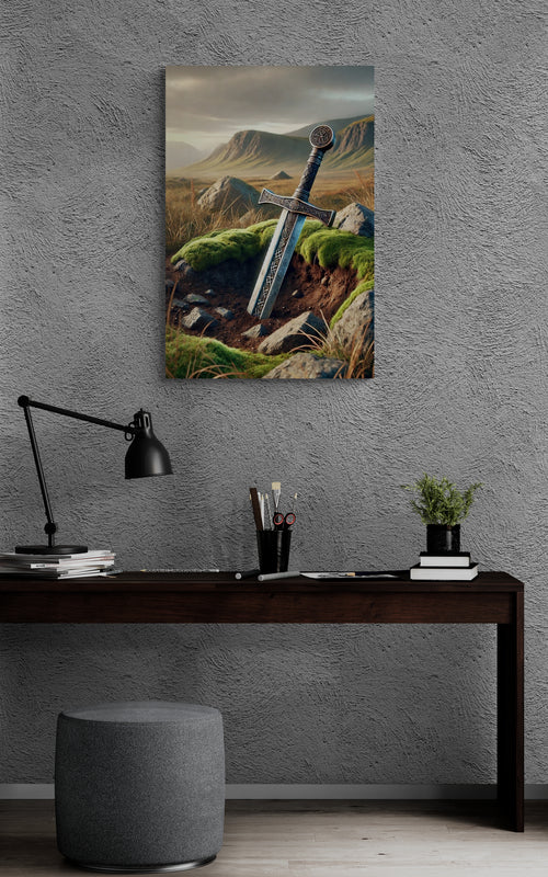 Oud zwaard in berglandschap - Canvas wandkunst