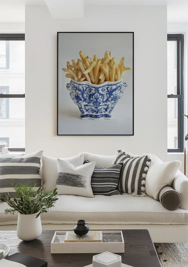Delft Blauw Porzellanschale Pommes Frites Gold Blau Weiß Lustiges Stillleben Gemälde