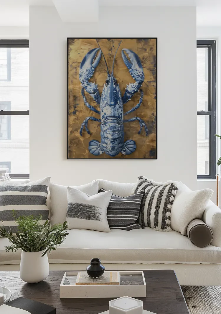 Delfter Blau Hummer Goldener Hintergrund Chinesisches Porzellan Luxus Klassisches Gemälde