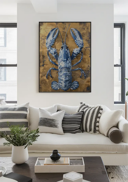 Delfter Blau Hummer Goldener Hintergrund Chinesisches Porzellan Luxus Klassisches Gemälde
