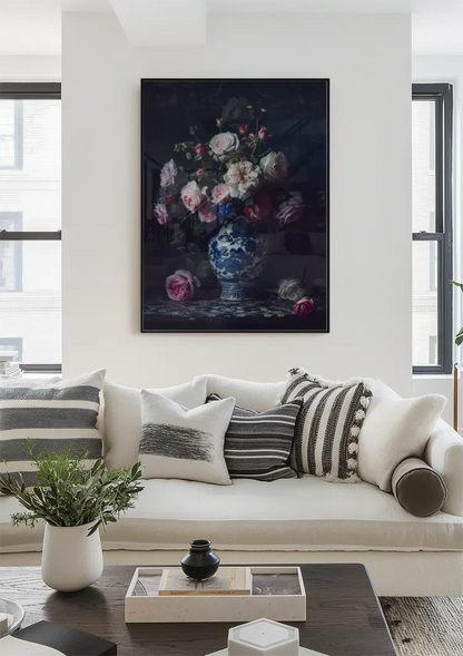 Delfts Blauwe Vaas Grote Rozen Donkere Achtergrond Stilleven Schilderij