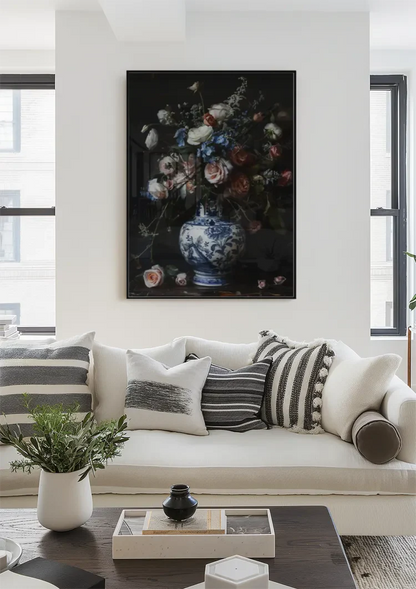 Delfts Blauw Vaas Roze Witte Rozen Bloemenboeket Stilleven Schilderij