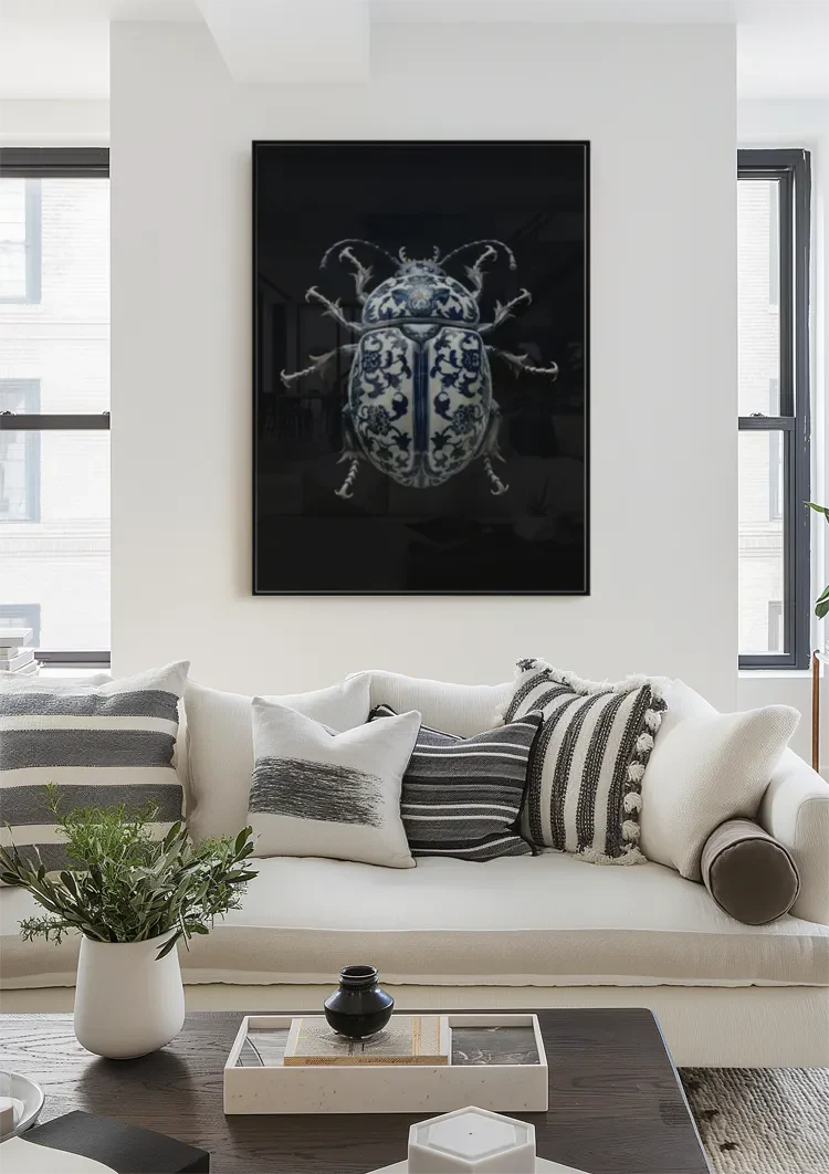 Delft Blue Porcelain Beetle Dark Background Painting