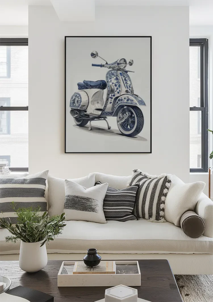 Delfts Blauwe Vintage Vespa Scooter Bloemen Decoratie Schilderij