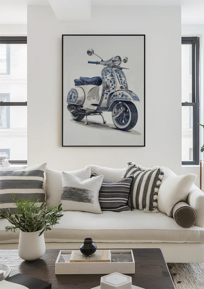 Delfts Blauwe Vintage Vespa Scooter Bloemen Decoratie Schilderij