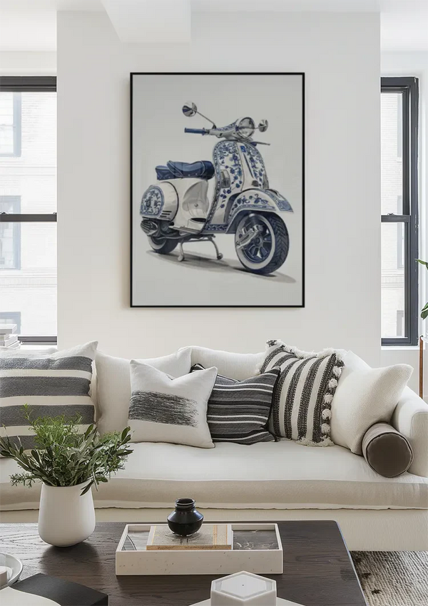 Delfts Blauwe Vintage Vespa Scooter Bloemen Decoratie Schilderij