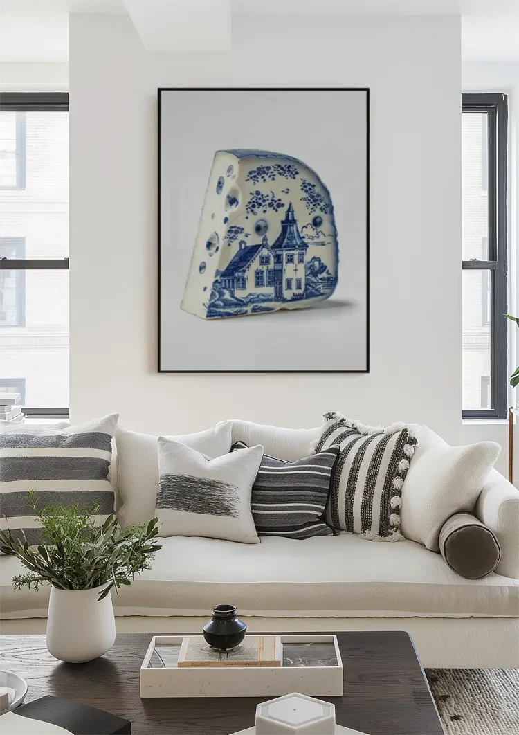 Delft Blue Cheese with Dutch House Illustration Painting
