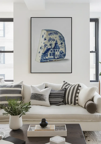 Delft Blue Cheese with Dutch House Illustration Painting