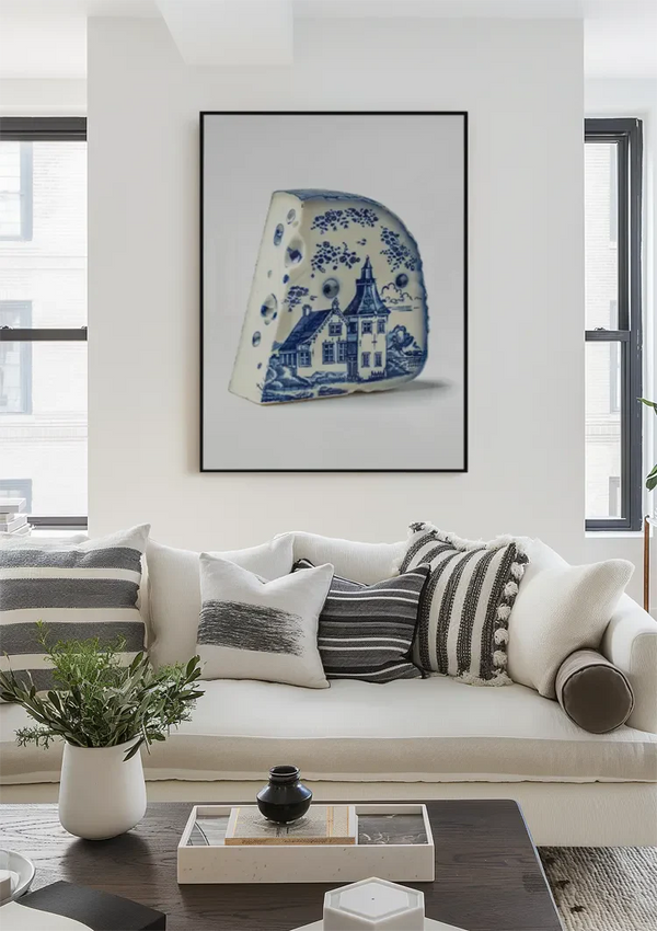Delft Blue Cheese with Dutch House Illustration Painting