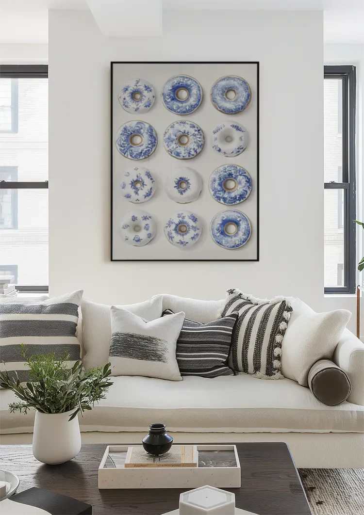 Twelve Donuts With Delft Blue Pattern Playful Ceramic Painting
