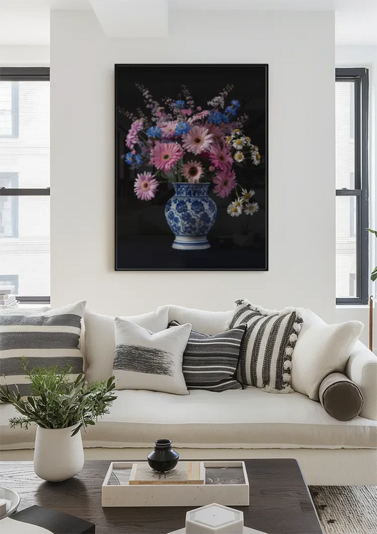 Boeket met gerbera's canvas schilderij aan de muur in de hal