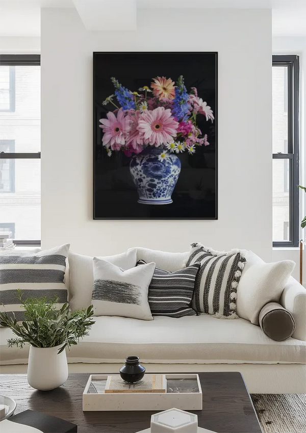 Delfts Blauw Vaas Kleurrijke Bloemen Boeket Donkere Achtergrond Schilderij