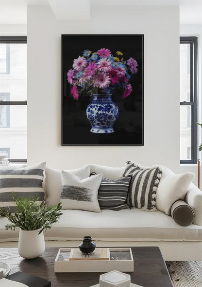 Delfter blaue Vase mit bunten Blumen auf schwarzem Hintergrund Gemälde