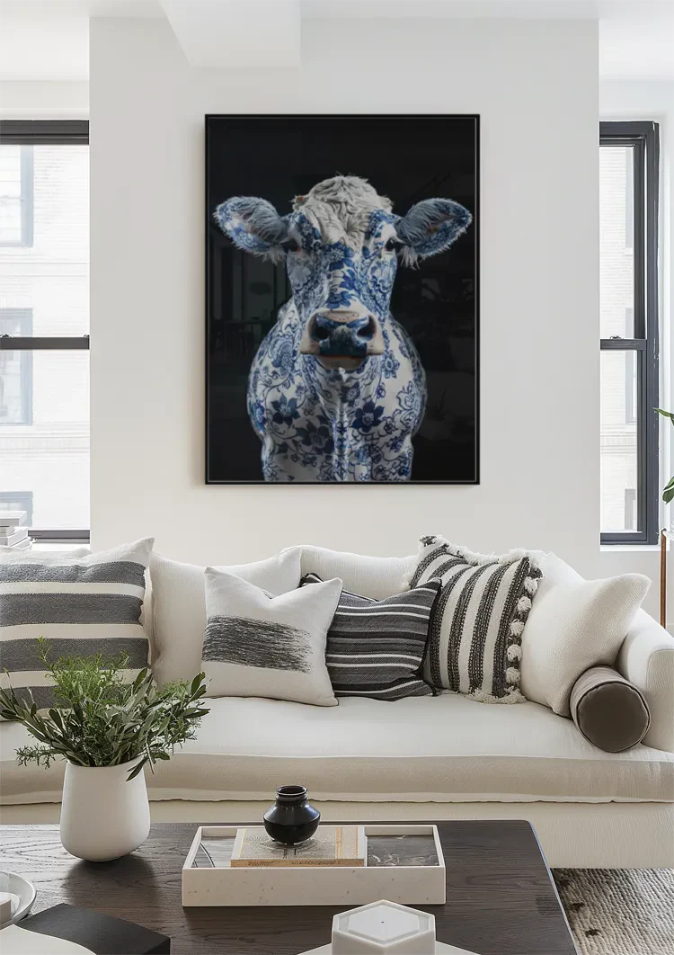 Delfts Blauwe Koe Bloemenpatroon Zwarte Achtergrond Artistiek Schilderij